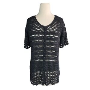 Liz Claiborne Crochet Cardigan L Black Button Front Short Sleeve Open Knit NWT